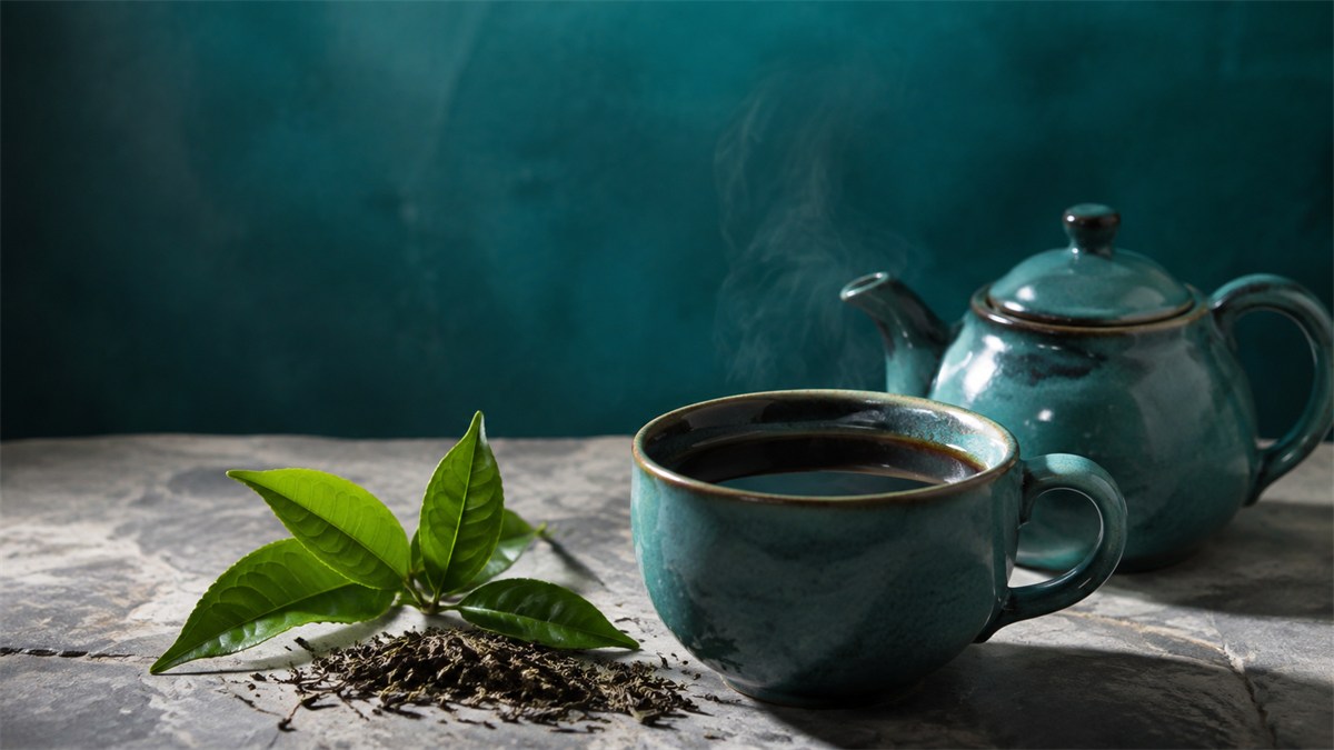 Coffee, a teapot and green tea leaves on a stone table.