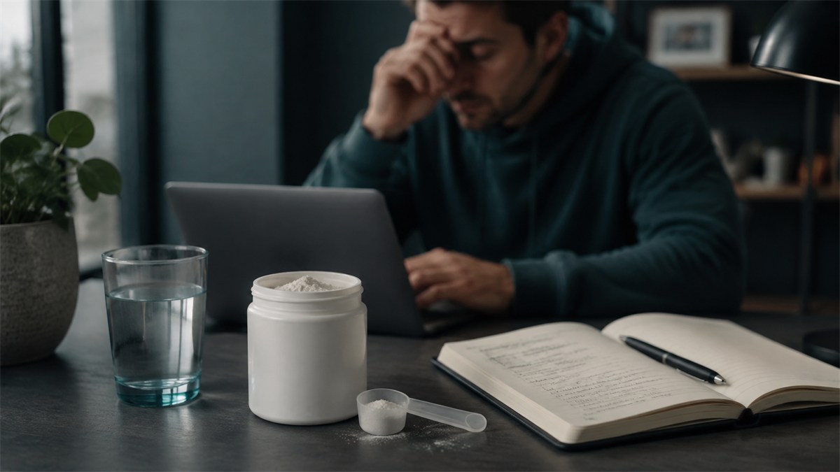 Creatine powder, a scoop and water on an early morning work desk.