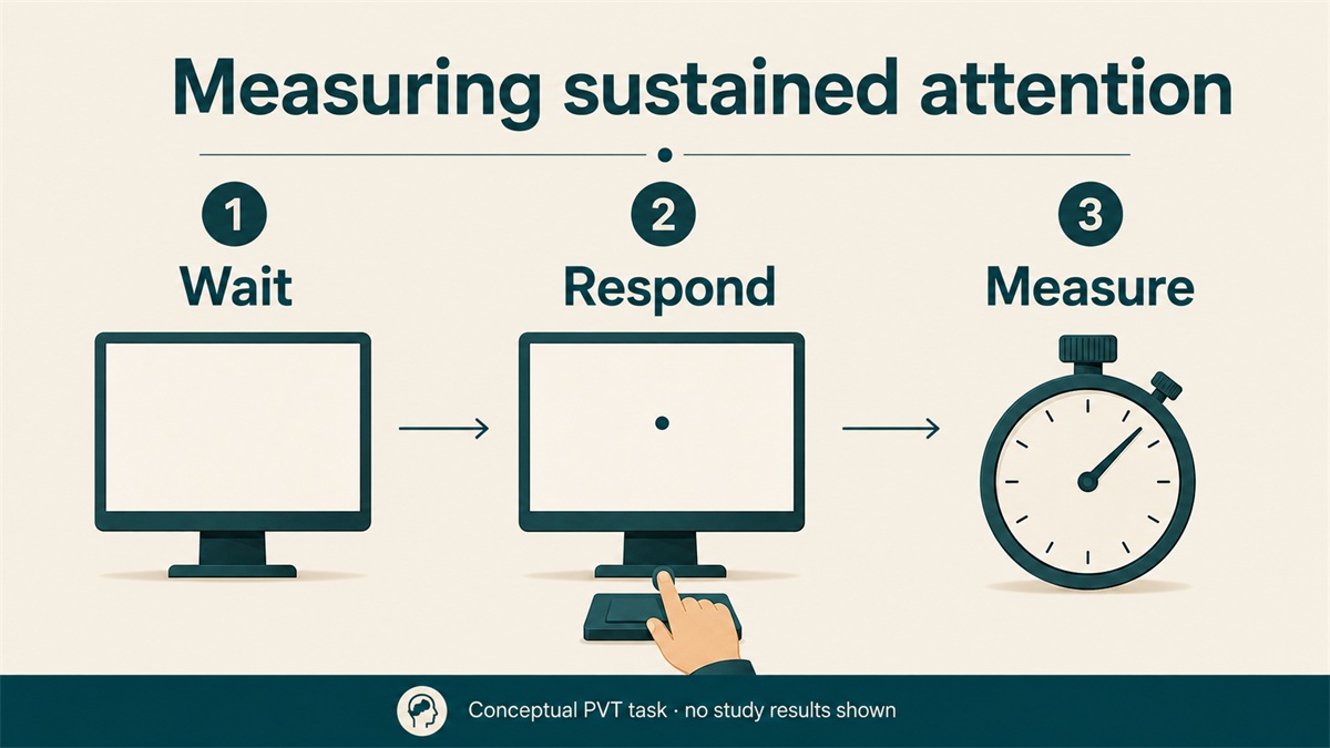 A conceptual sustained-attention task: wait for a stimulus, respond, and measure the response. No study results are shown.