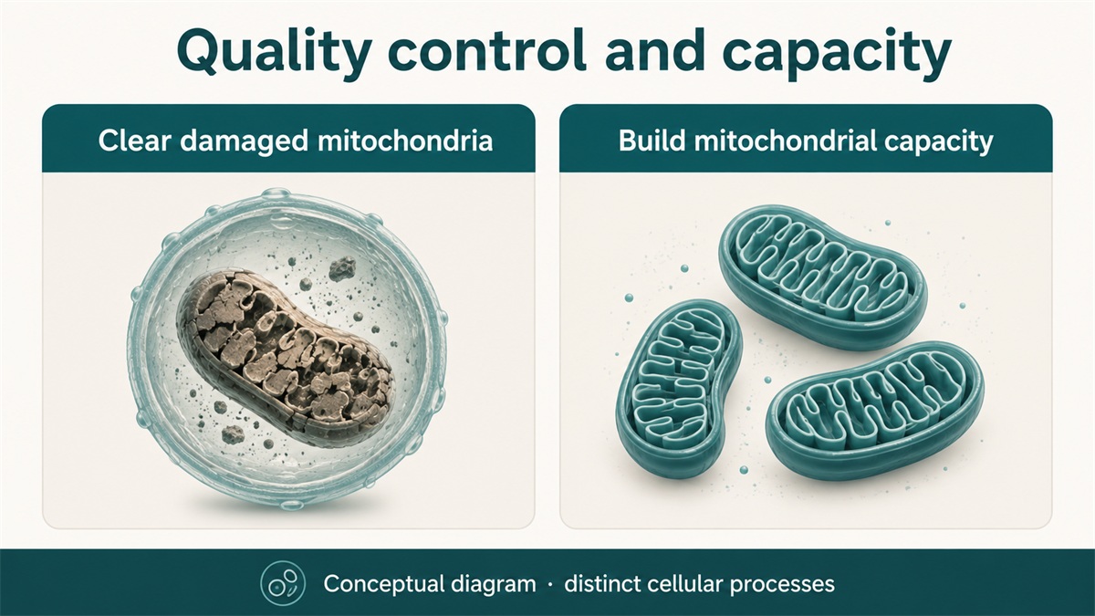 Distinct cellular processes: clearing damaged mitochondria and building mitochondrial capacity.