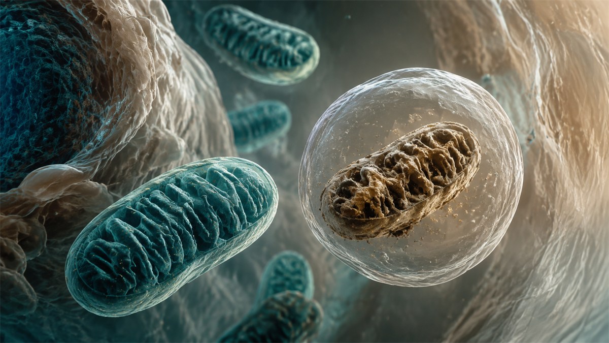 Conceptual illustration of mitochondria within a cell, with one enclosed in a membrane vesicle.