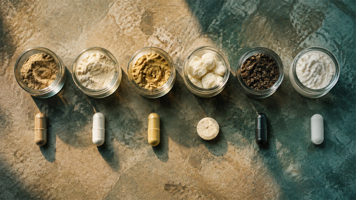 Six capsules and tablets arranged beside small glass containers.
