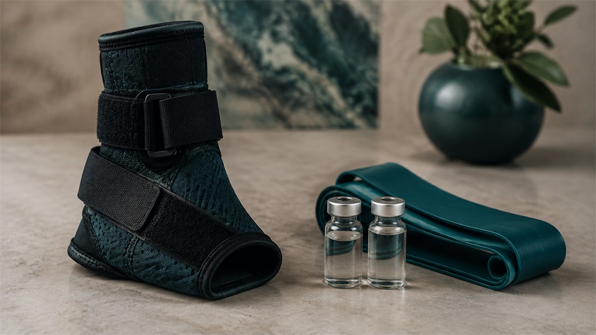 An ankle brace and rehabilitation band beside sealed laboratory vials.