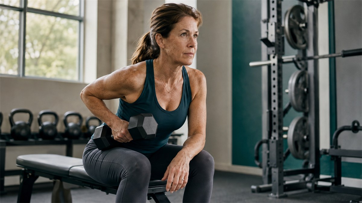 A woman performs a controlled dumbbell exercise in a bright gym.