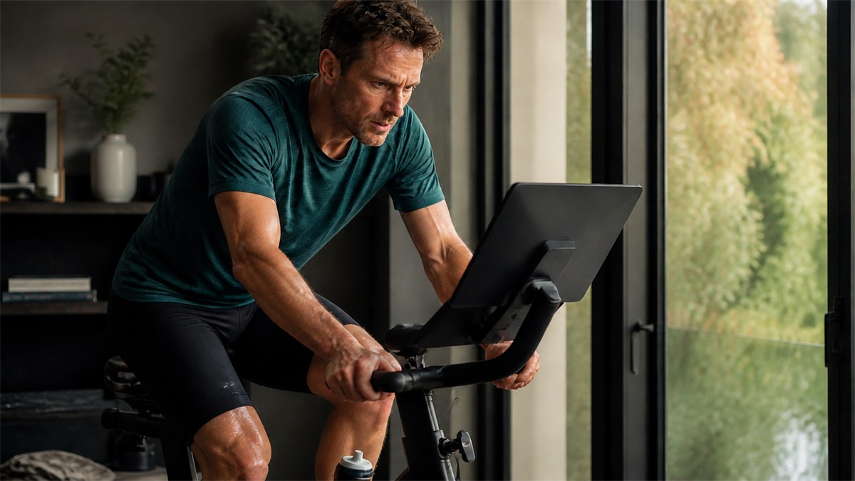 An adult trains on an exercise bike beside a bright window.