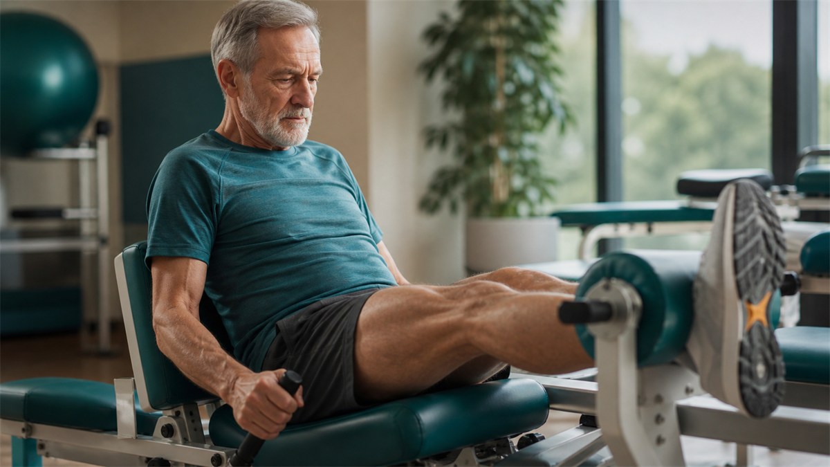 An older adult performs a leg extension exercise in a gym.