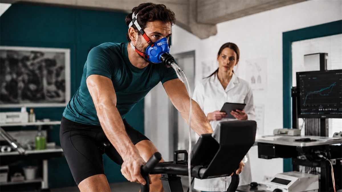 An adult wearing a metabolic testing mask exercises on a laboratory bicycle.