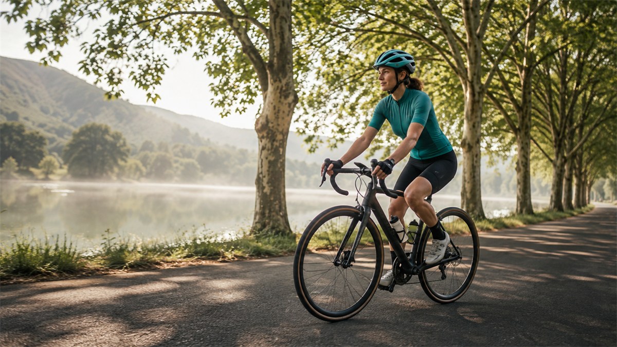 A helmeted cyclist rides along a tree-lined path.